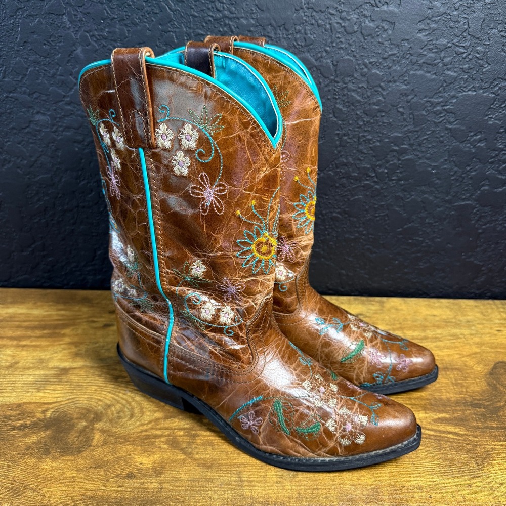Smoky Mountain 3881Y Brown Leather Floral Embroidered Western Boots Youth 3.5R